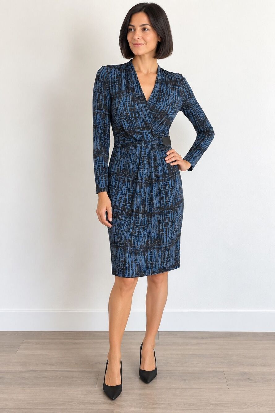 Max Mara Italy Blue Black Abstract Print Jersey Faux Wrap Midi Dress S